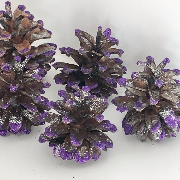 New Hand Painted Purple and Silver Glitter Pine Cones Holiday Decorations Crafts - Picture 2 of 7